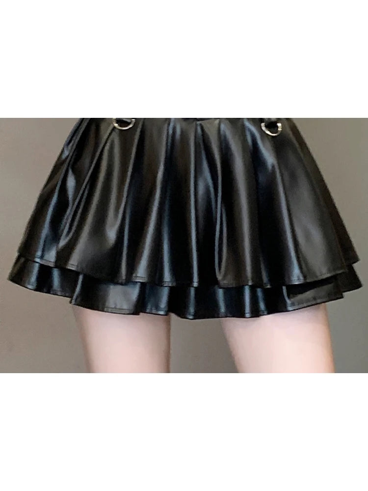 Women Black A-line Leather Skirt Vintage Aesthetic Y2k Pleated Skirt Harajuku Korean Gothic Mini Skirt Emo 2000s Clothes Summer