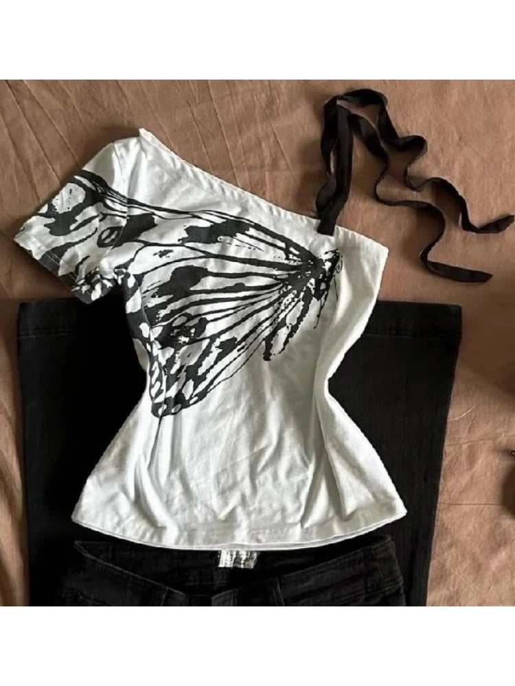 Women's T-shirt Off Shoulder Harajuku Butterfly Print Y2k Graphic Short Sleeve Tee Top Fashion Vintage Streetwear T-shirts 2025