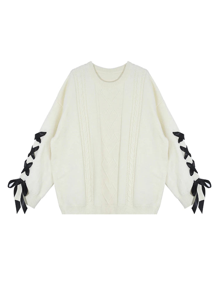 Women's Lace-up White Pullover Knitted Sweater Harajuku Y2k Long Sleeves O-Neck Sweater Jumper Vintage 2000s Aesthetic Clothes