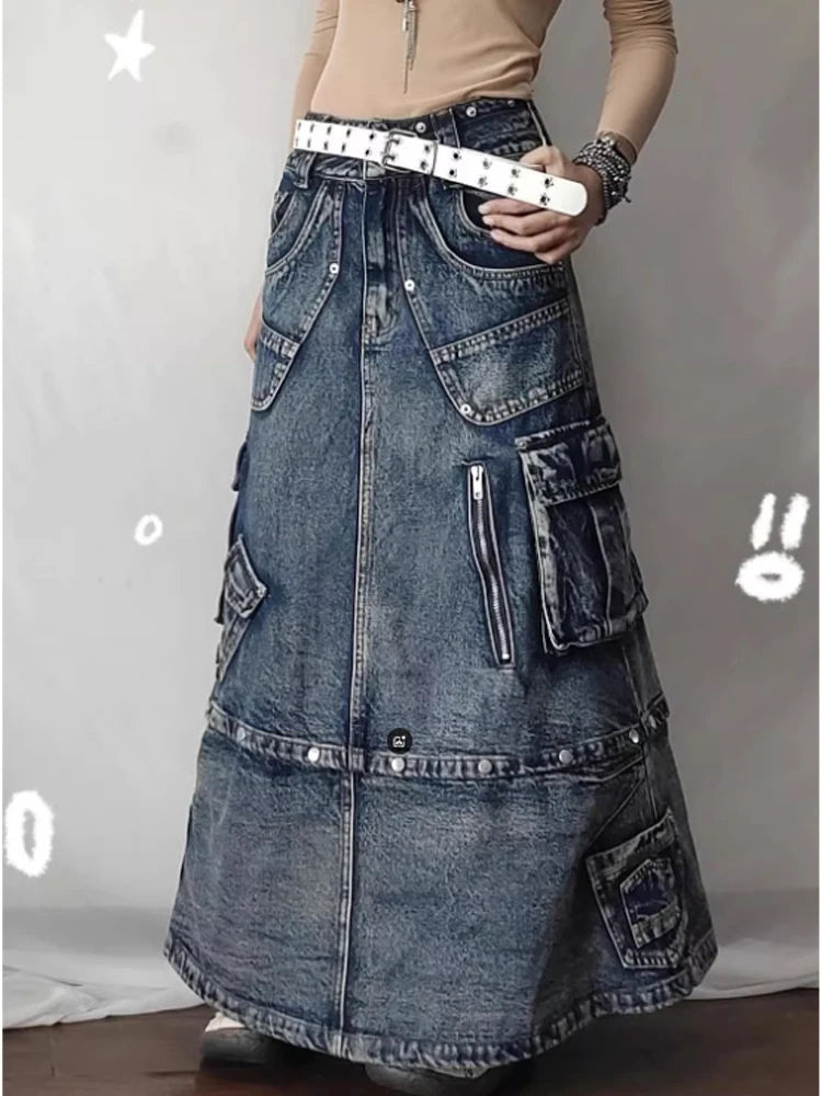 Women Blue A-line Denim Cargo Skirt Y2k Long Cowboy Skirts 90s Aesthetic Harajuku Korean Emo Jeans Skirt 2000s Vintage Clothes