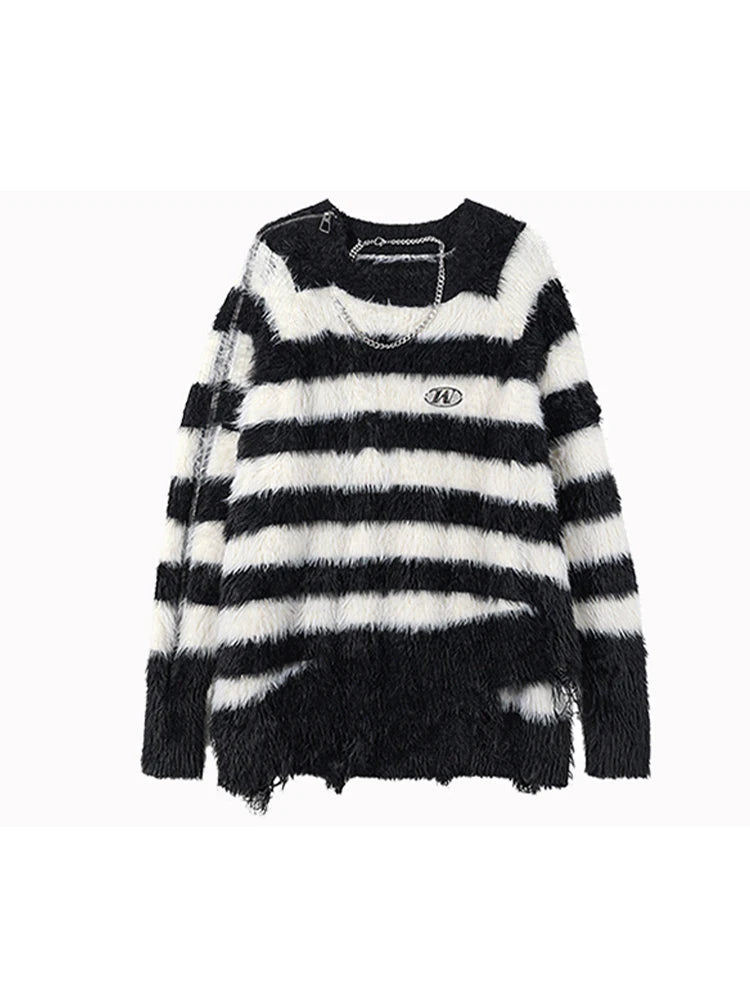 Women's Striped Pullover Mohair Sweater 90s Aesthetic Y2k Vintage Long Sleeves O-Neck Knitted Jumper Sweaters 2000s Clothes 2024