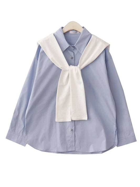 Women Blue Shirts and Blouses Oversize Vintage Aesthetic Korean Harajuku Elegant Long Sleeve Polo-Neck Shirt Fashion Clothes