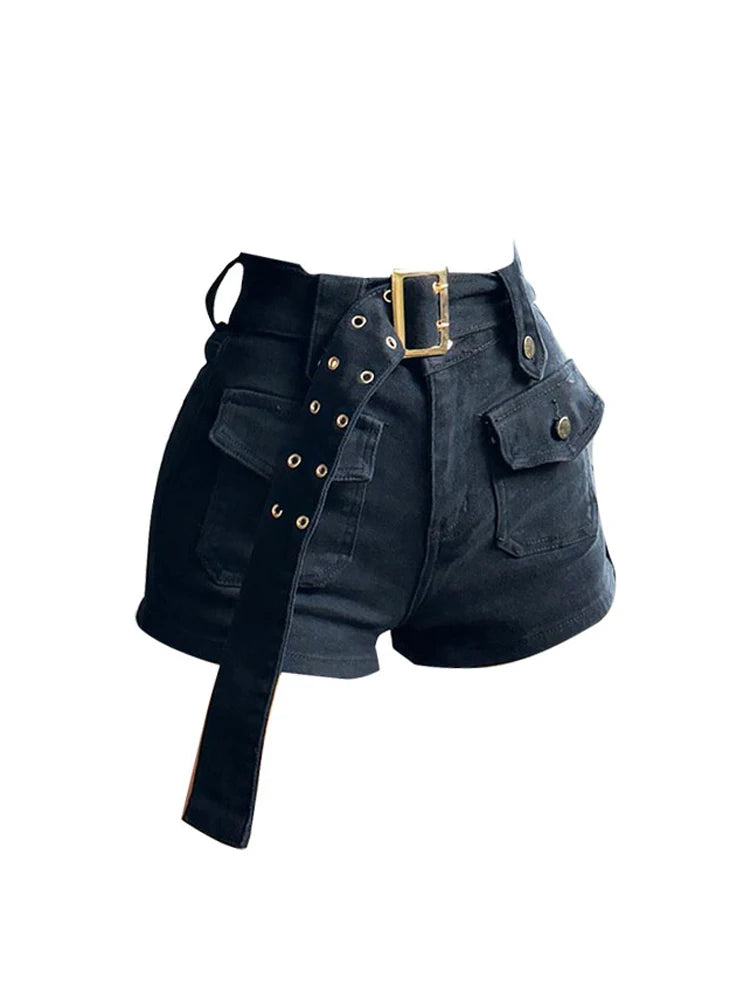 Vintage Women's Denim Shorts Hight Waisted Y2k Casual Jeans Cargo Pants Gothic Black Hot Short Jeans With Belt 2023 Summer New