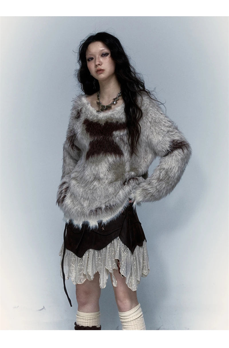 Women's Khaki Mohair Pullover Knit Sweater Harajuku Y2k Long Sleeves O-Neck Sweater Vintage 90s 2000s Aesthetic Fashion Clothes