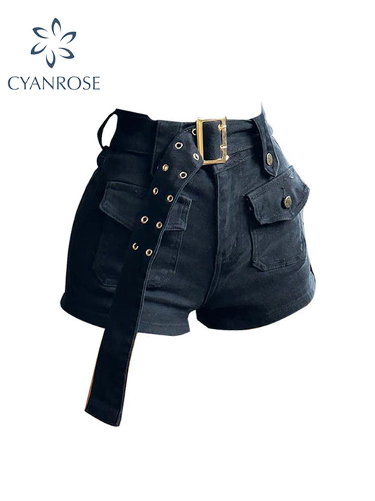 Vintage Women's Denim Shorts Hight Waisted Y2k Casual Jeans Cargo Pants Gothic Black Hot Short Jeans With Belt 2023 Summer New
