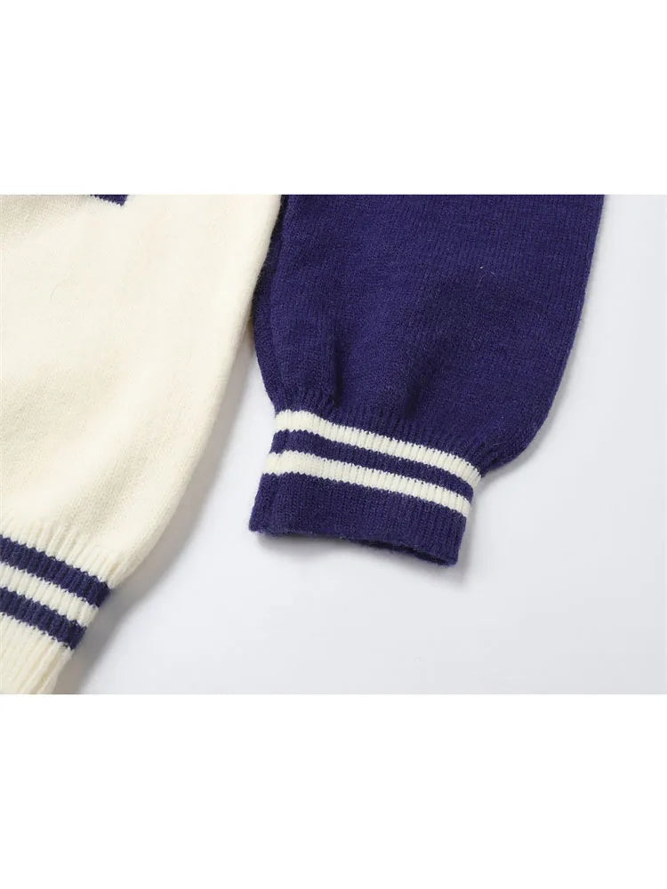 2022 Women Sweater Oversized Preppy Style Patchwork Knitted Basic Pullovers Sailor Collar Loose Soft Female Knitwear Jumper Tops