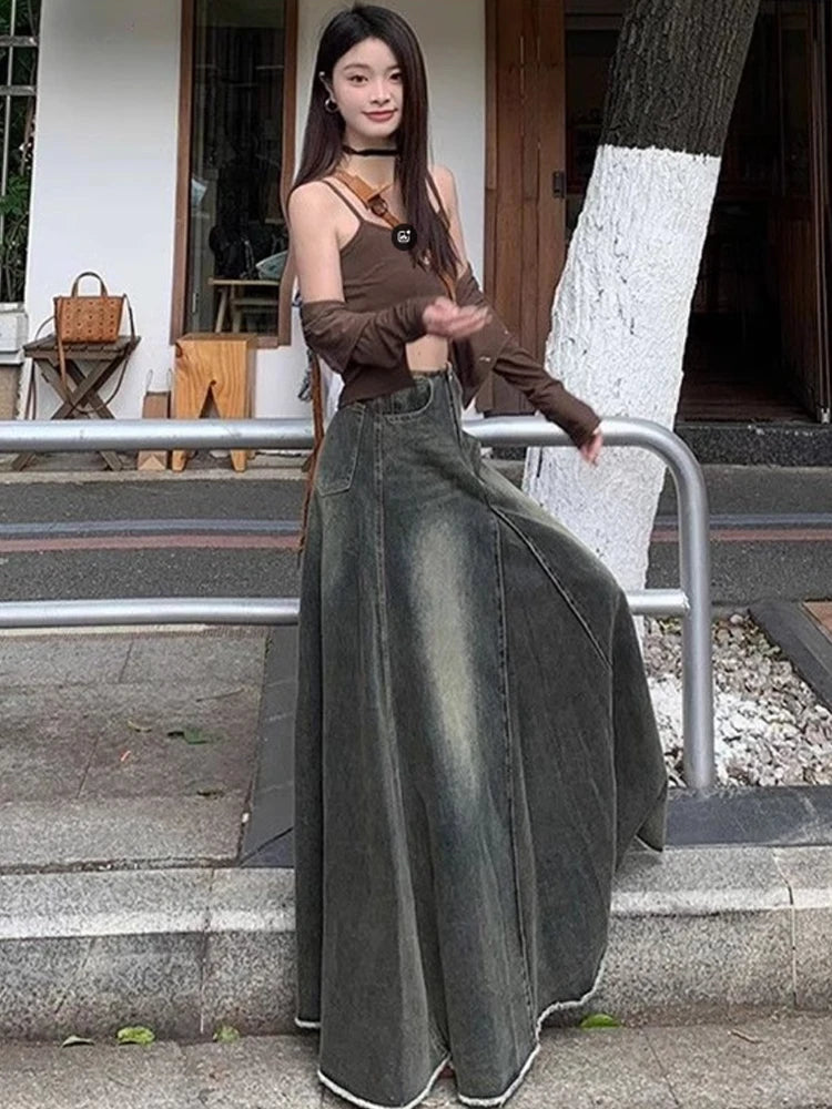 Women Blue Y2k A-line Jeans Skirt Elegant Harajuku Long Denim Skirts Streetwear 90s Aesthetic Vintage Cowboy Skirt 2000s Clothes