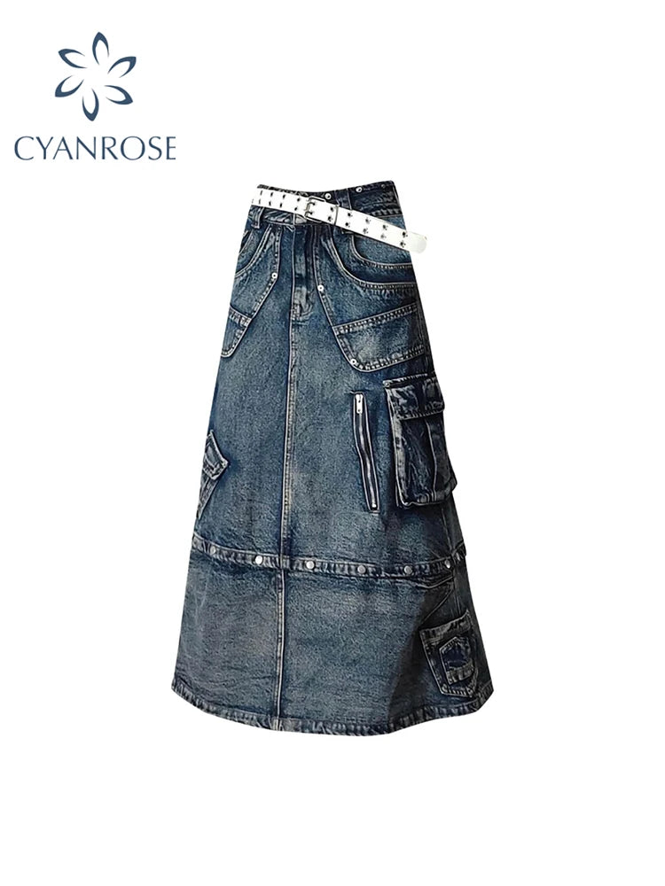 Women Blue A-line Denim Cargo Skirt Y2k Long Cowboy Skirts 90s Aesthetic Harajuku Korean Emo Jeans Skirt 2000s Vintage Clothes