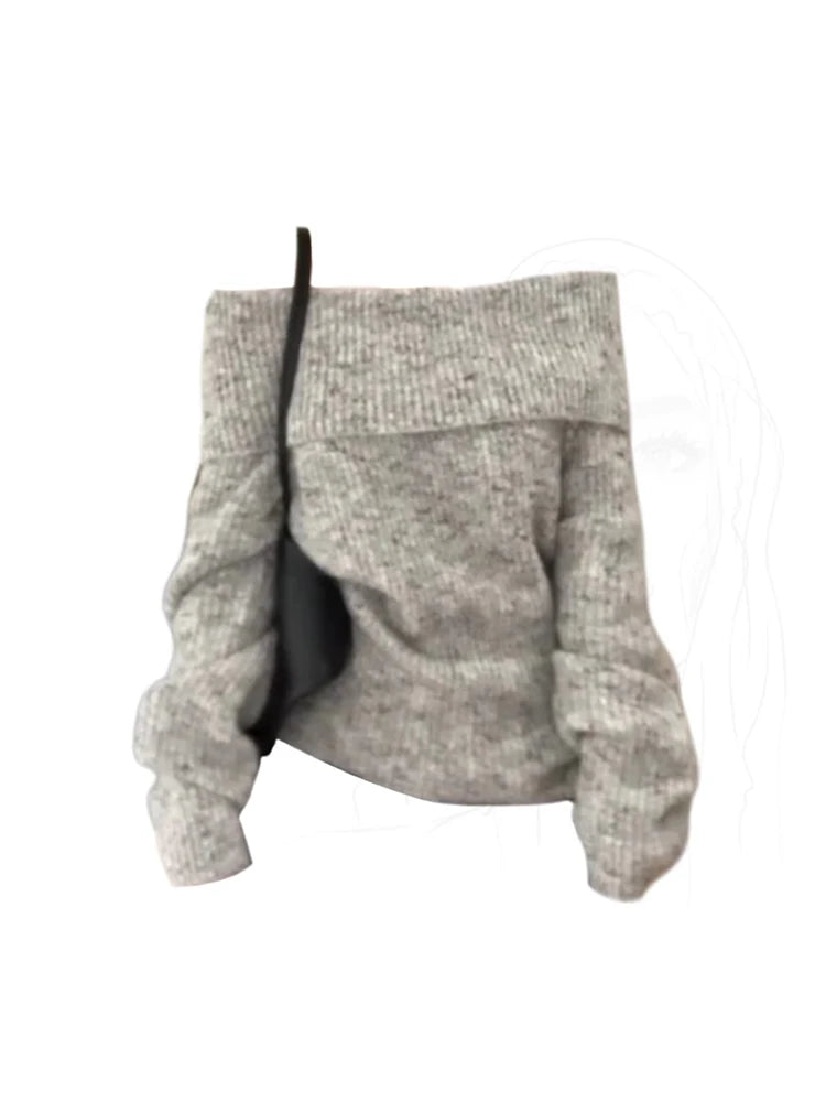 Women's Grey Pullover Sweater Harajuku Vintage Korean Y2k Long Sleeves Slash Neck Cashmere Sweaters Jumper 2000s Clothes Autumn