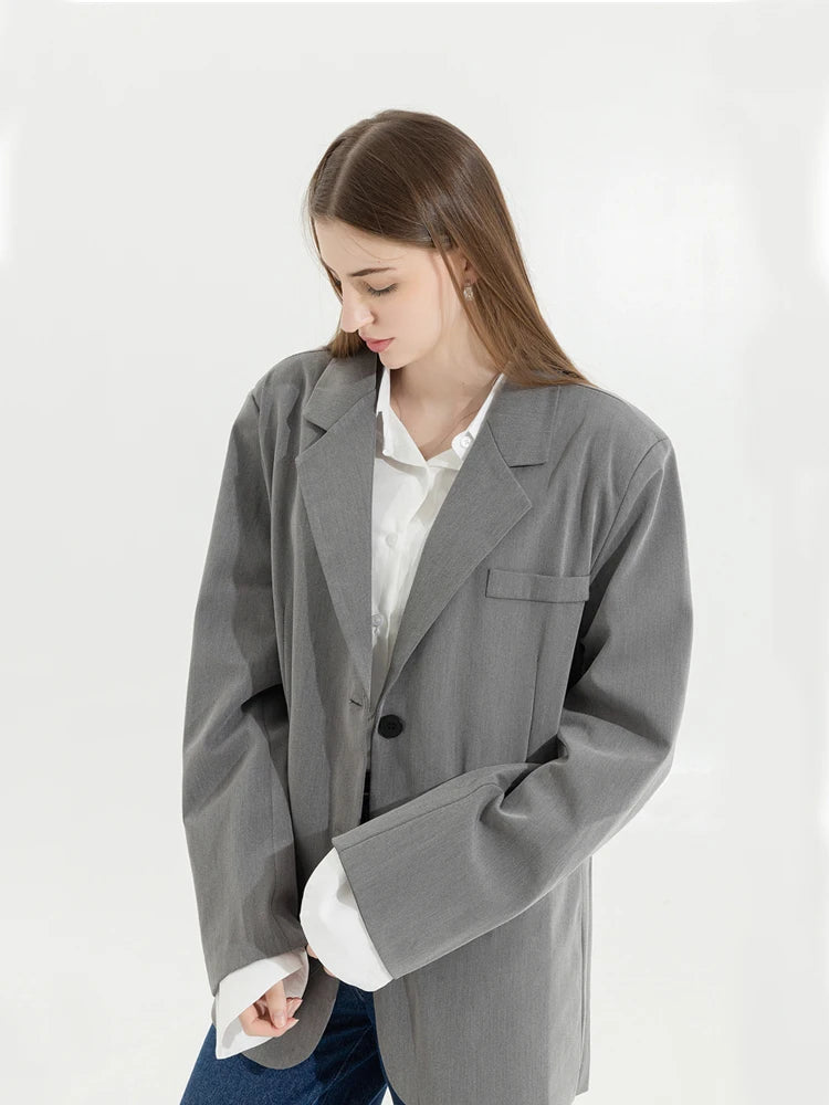 Grey Blazer Coat Women Korean Casual Loose 2022 Autumn Oversized Single-breasted Turndown Collar Long Sleeve Suit Jacket Female
