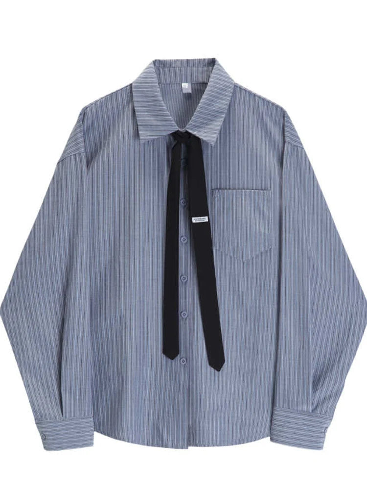 Blue Color Striped Design Tie Decoration Blouses Women Preppy Style Shirt Retro Sweet Cute Style Over-shirt Y2K Loose 2025