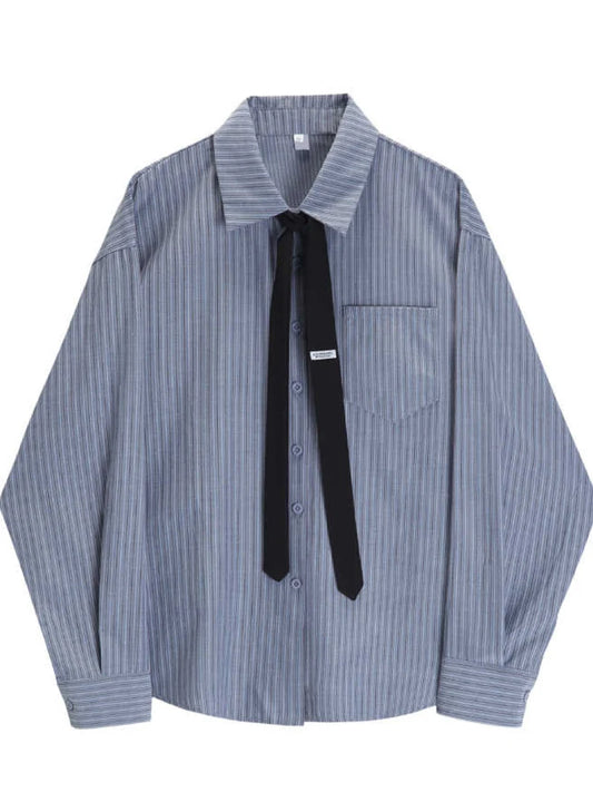 Blue Color Striped Design Tie Decoration Blouses Women Preppy Style Shirt Retro Sweet Cute Style Over-shirt Y2K Loose 2025