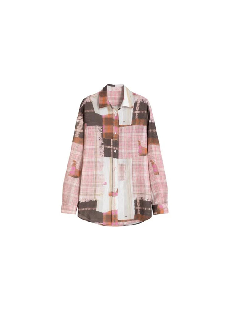 Women's Pink Plaid Patchwork Shirts Blouses Vintage Harajuku 90s Y2k Elegant Long Sleeve Shirt Top 2000s Streetwear Clothes 2024