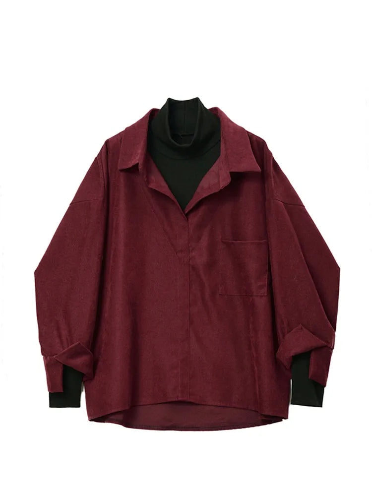 Fake Two Piece Shirt Women Patchwork Turtleneck Turn-down Collar Autumn Winter Casual Lady Long Sleeves Female Loose Blouse Tops