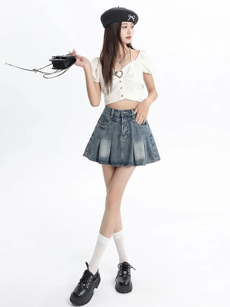 Women's Blue A-line Denim Pleated Skirt Vintage 90s Aesthetic Y2k Jean Skirt Harajuku Korean Cowboy Skirts 2000s Clothes Summer