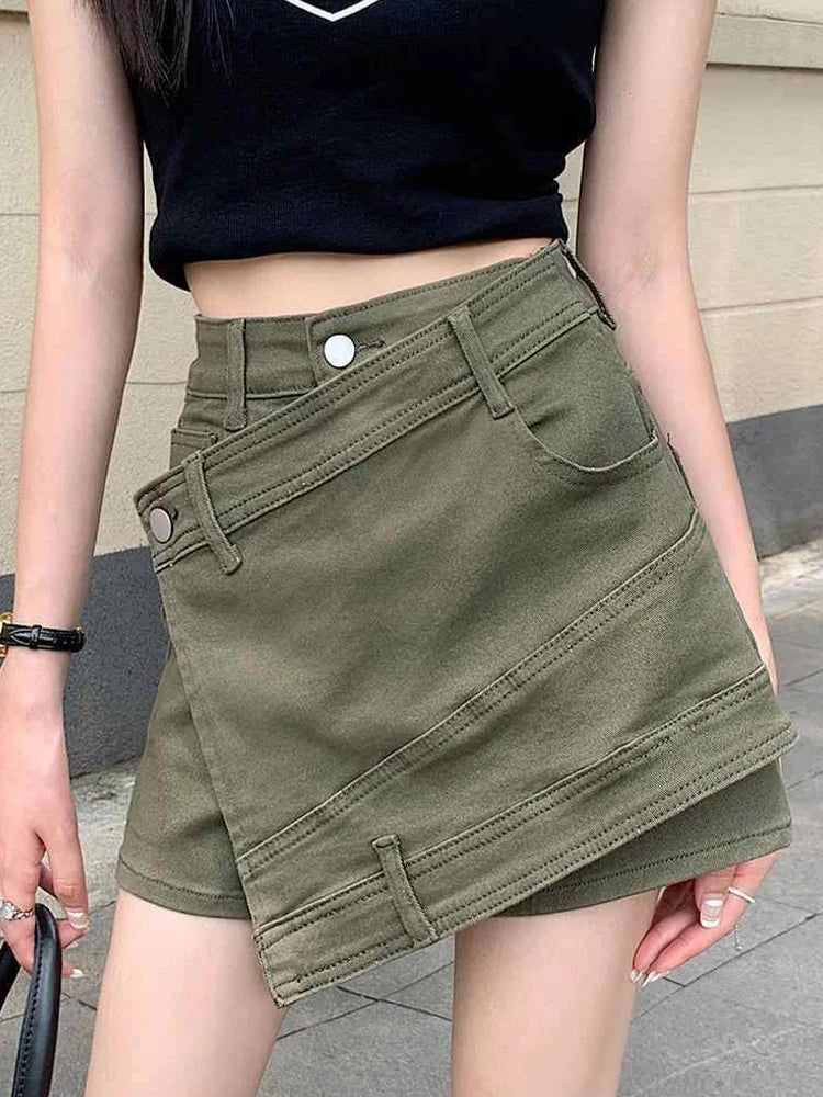 Women Army Green A-line Denim Skirt Vintage Y2k Mini Jean Skirt Harajuku Korean Style Cowboy Skirts 2000s Fashion Clothes Summer