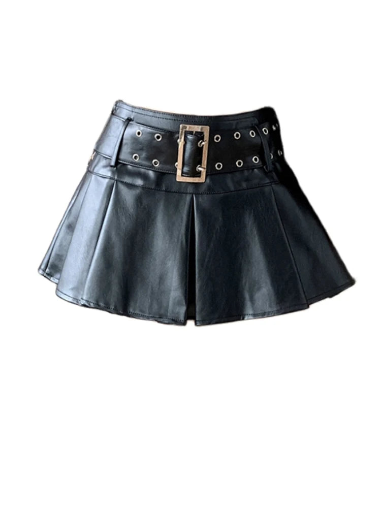 Women Leather Skirts Vintage Female Streetwear Korean High Waist Fashion Y2k Black Gothic Punk Silver A-line Pleated Mini Skirt