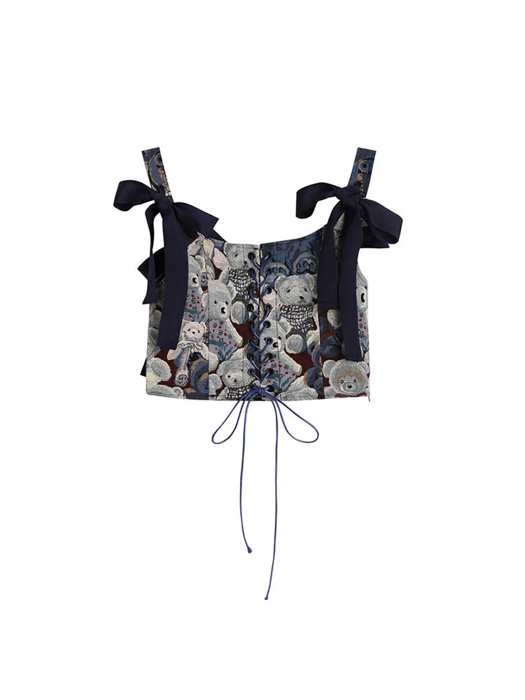 New 2022 Korean Cute Bear Jacquard Bow Women Suspender Vest Summer Y2K Vintage Casual Sleeveless Off Shoulder Ladies Crop Tops