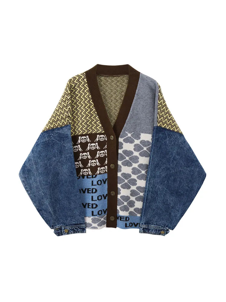 Vintage Knitted Cardigan Sweater Women Patchwork Denim Coat V Neck Long Sleeve Knitwear Casual Loose Outwear Female Tops