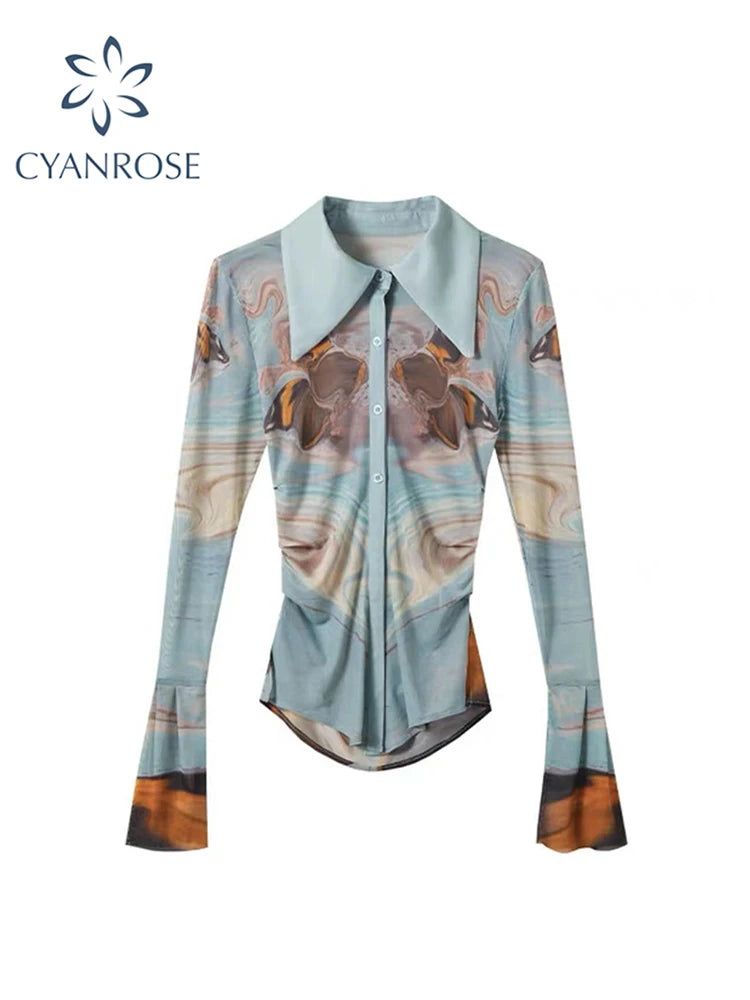 Women Print Shirts and Blouses Korean Style Harajuku Streetwear Ladies Vintage Long Sleeve Shirt Blusas Top Clothes Summer 2023
