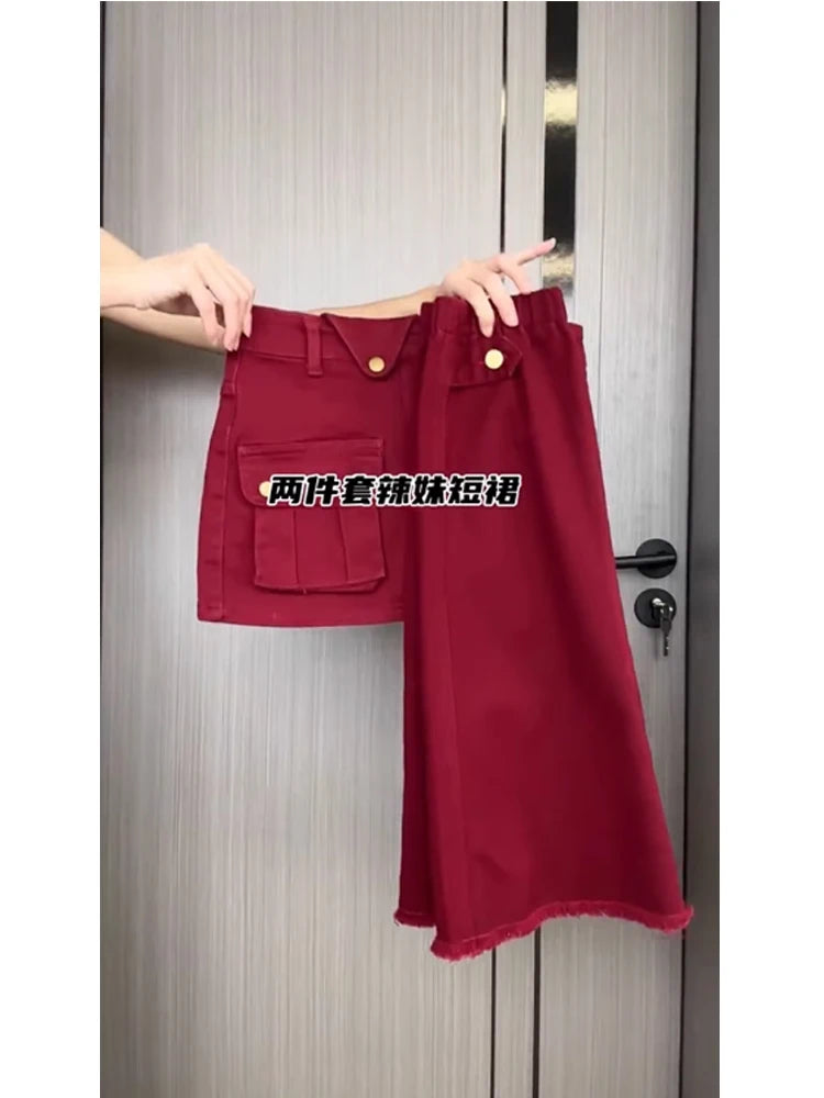 Women's Red A-line Cargo Skirt Vintage Aesthetic Y2k Mini Skirt Leg Cover Harajuku Korean Streetwear Skirt 2000s Clothes Summer