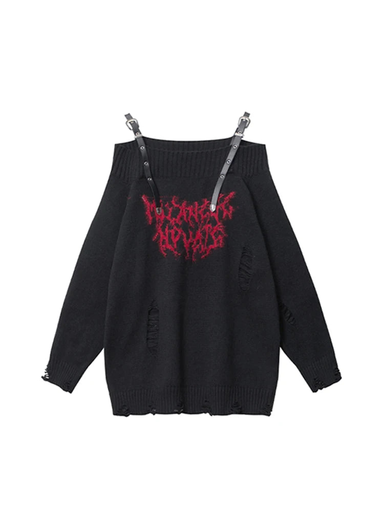 Women's Black Gothic Pullover Knitted Sweater Harajuku Korean Y2k Long Sleeves Jumper Sweaters Vintage 2000s Clothes 2024 Autumn