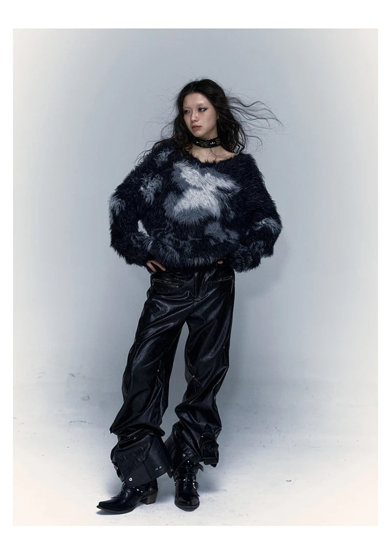 Women Black Gothic Mohair Pullover Knitted Sweater Harajuku Y2k Long Sleeves Sweater Jumper Vintage 2000s Aesthetic Clothes 2024