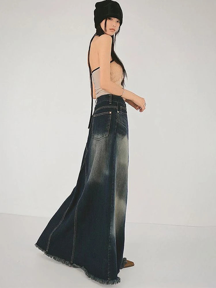 Women's Blue A-line Denim Skirt Y2k Long Jean Skirts Harajuku Vintage Elegant Korean Aesthetic Cowboy Skirt 2000s Clothes 2024