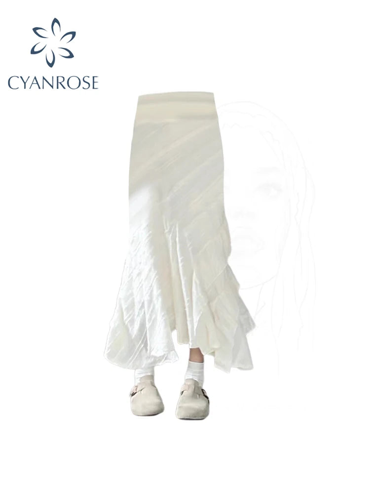 Women's White Y2k A-line Skirt Elegant Harajuku Oversize Long Skirts Streetwear 90s Aesthetic Vintage Skirt 2000s Clothes Summer