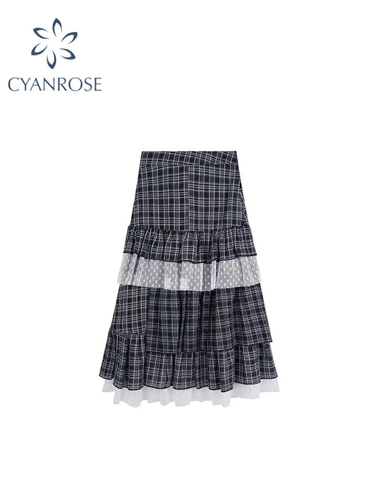 Women's A-line Plaid Skirt Vintage Aesthetic Y2k Long Skirts Harajuku Korean Mori Dirl Long Skirts 2000s Cutecore Clothes Summer