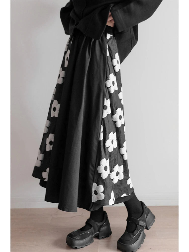 Women's Black Gothic A-line Floral Skirt Y2k Long Skirt Harajuku Elegant Patchwork Skirts 2000s 90s Vintage Emo Clothes Summer