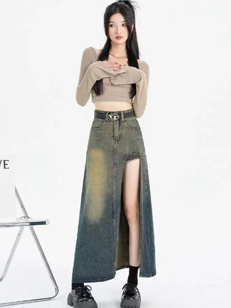 Women's Blue A-line Denim Skirt with Slit Vintage Aesthetic Y2k Jean Skirt Harajuku Korean Long Skirt 2000s Clothes Summer 2024
