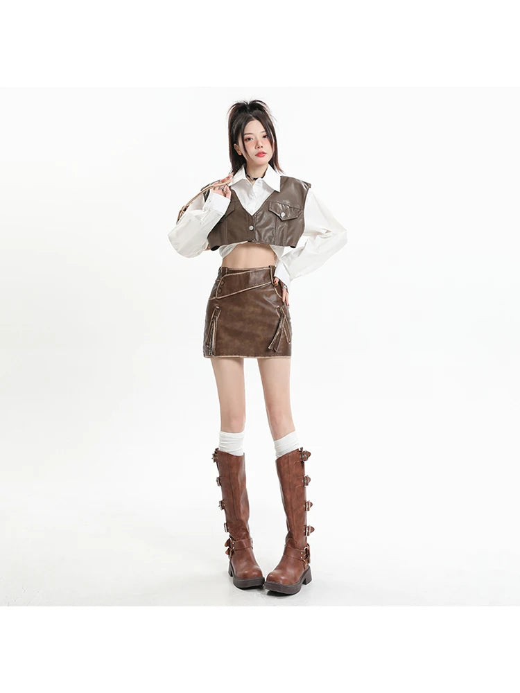 Women Black Gothic A-line Leather Skirt Vintage Y2k Skirt Harajuku Korean Fashion Mini Skirt 2000s Aesthetic Trashy Clothes 2024