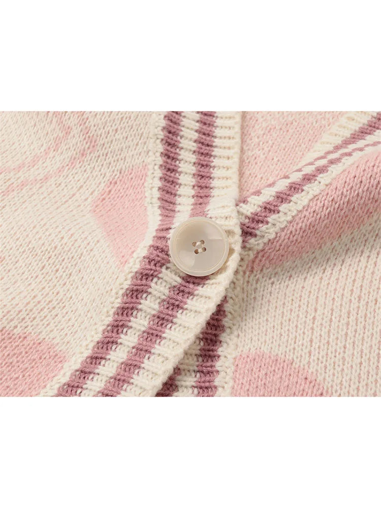 2022 Fashion Women Cardigan Sweater Long Sleeve V-neck Single Breasted Pink Sweet Heart-shaped Print Casual Loose Knitwear Coat