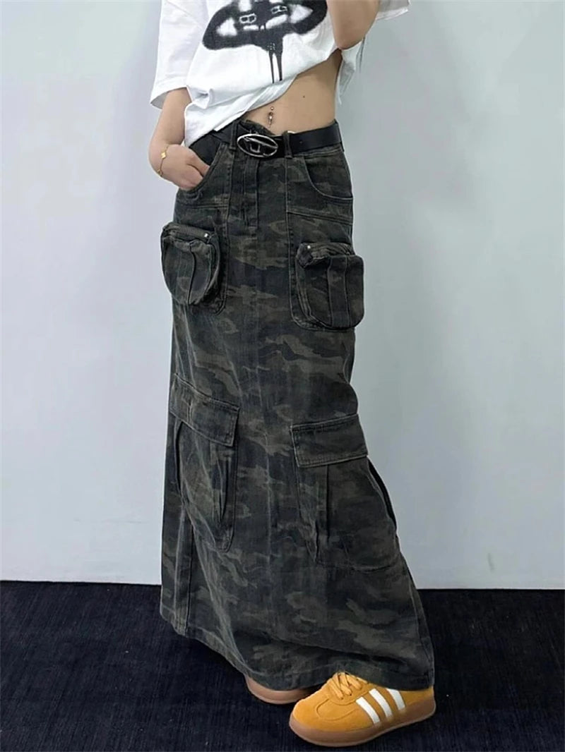 Women A-line Camouflage Skirt Vintage 90s Aesthetic Y2k Long Cargo Skirt Harajuku Korean Skirts 2000s Trashy Emo Clothes Summer