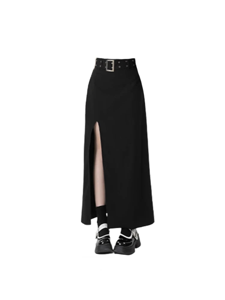 Women Black Gothic Skirt Vintage High Waist A-Line Skirt Emo 2000s Fashion Harajuku Streetwear Y2k Long Skirt 90s Girls Clothes