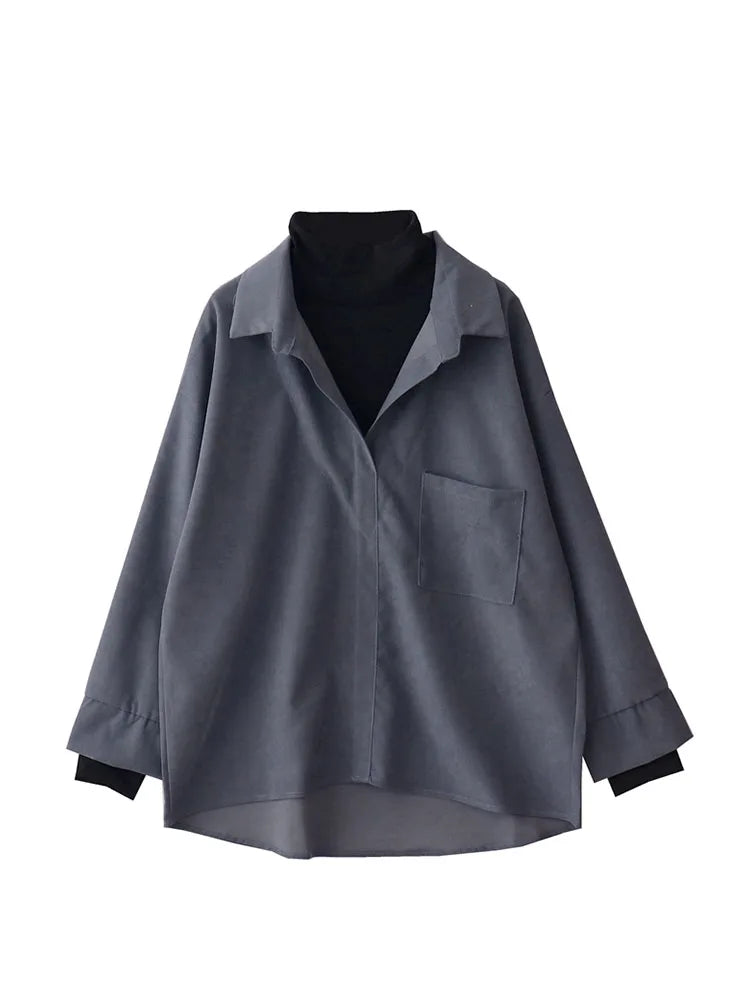 Fake Two Piece Shirt Women Patchwork Turtleneck Turn-down Collar Autumn Winter Casual Lady Long Sleeves Female Loose Blouse Tops