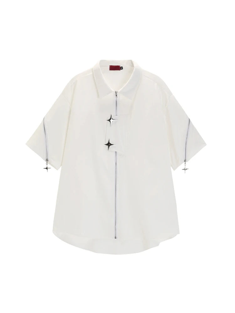 Women White Shirts and Blouses Y2k Vintage Korean Streetwear Harajuku 2000s Elegant Short Sleeve Polo-Neck Shirt Clothes Summer