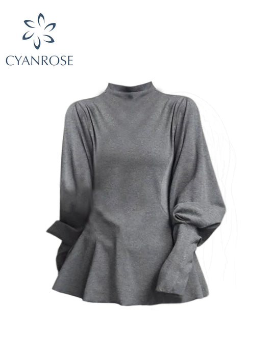 Women's Grey T-shirt Harajuku Korean Y2k Lace Tee Top Vintage 90s Aesthetic Long Sleeve Turtleneck T-shirts 2000s Clothes Autumn