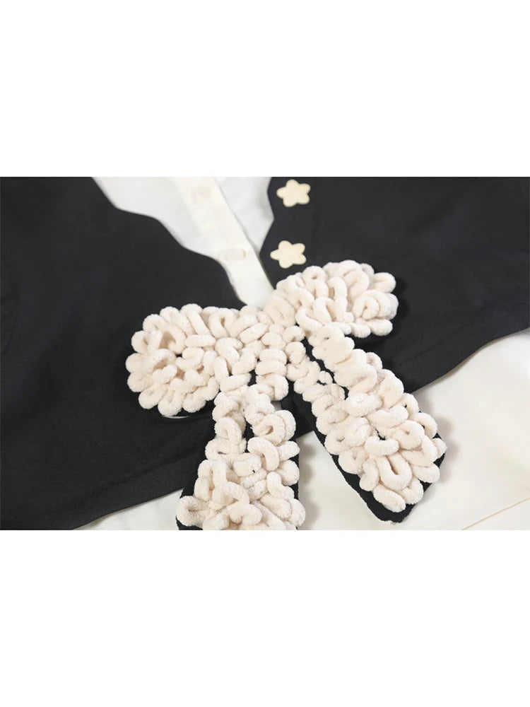 Women's Y2K Vintage Korean Harajuku Patchwork Blouse - Long Sleeve Bow Detail 2025 Retro Elegant Top