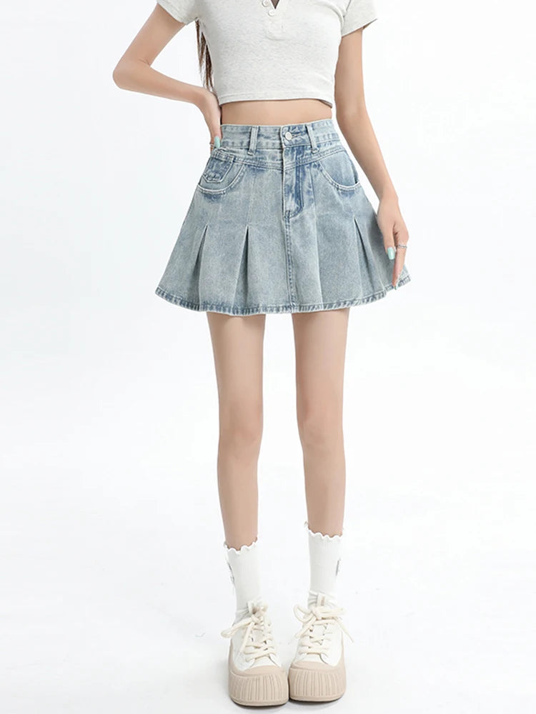 Women's Blue A-line Denim Pleated Skirt Vintage 90s Aesthetic Y2k Jean Skirt Harajuku Korean Cowboy Skirts 2000s Clothes Summer