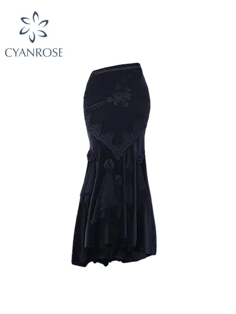 Women's Clothing Black Gothic A-line Skirt Vintage Aesthetic Streetwear Y2k Long Skirt Harajuku Korean Skirt 2000s Emo Clothes